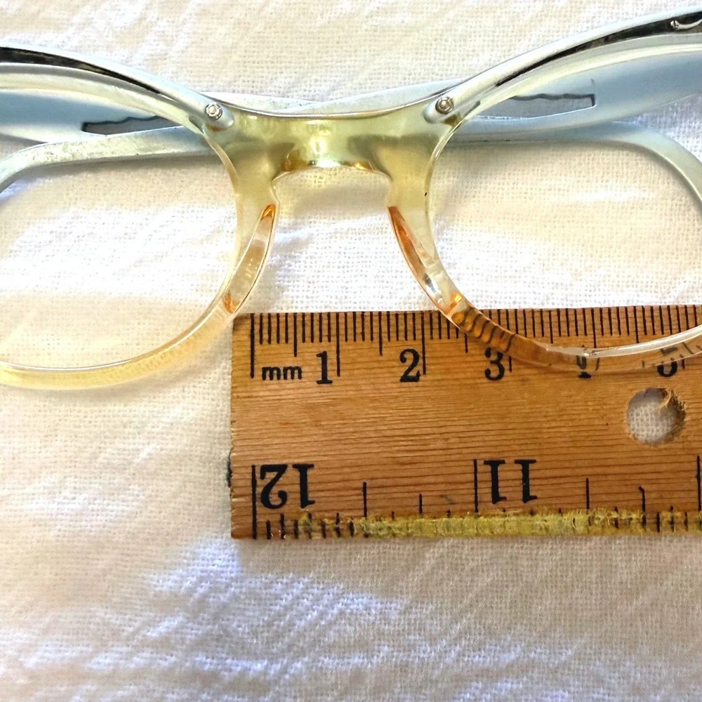 Vintage 1950s Cat Eye Glasses Floral Metal Overlay Silver Amber Clear Frames
